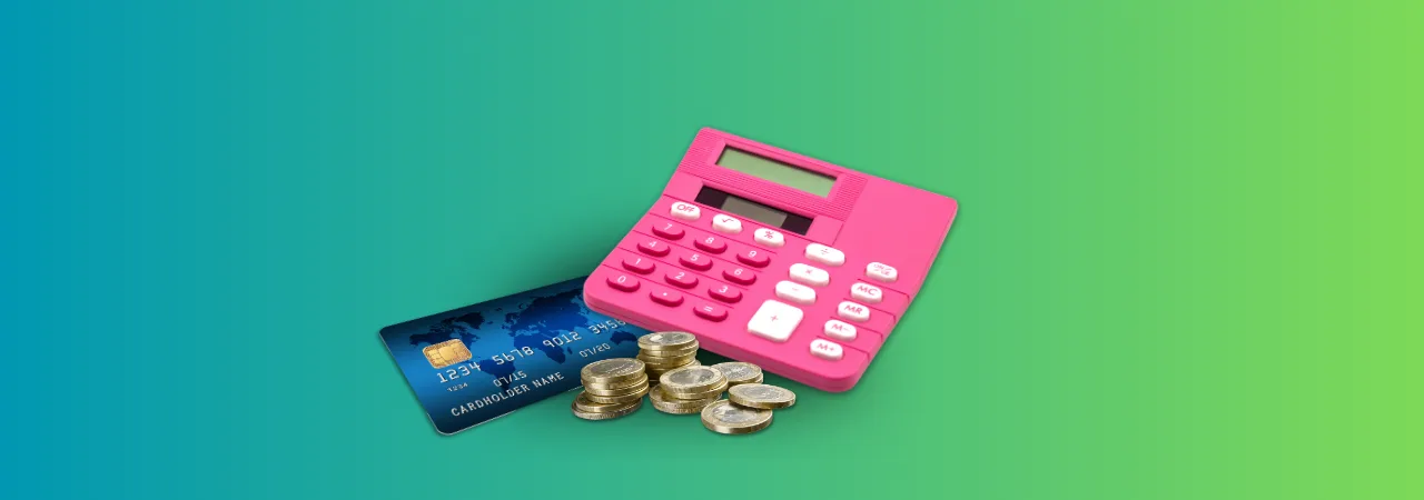 Pile in centre with calculator, credit card, and coins, against a green background