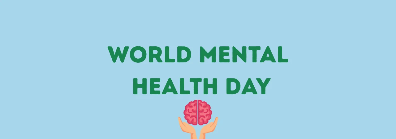 blue banner saying 'world mental health day' with cartoon hands holding up a pink brain