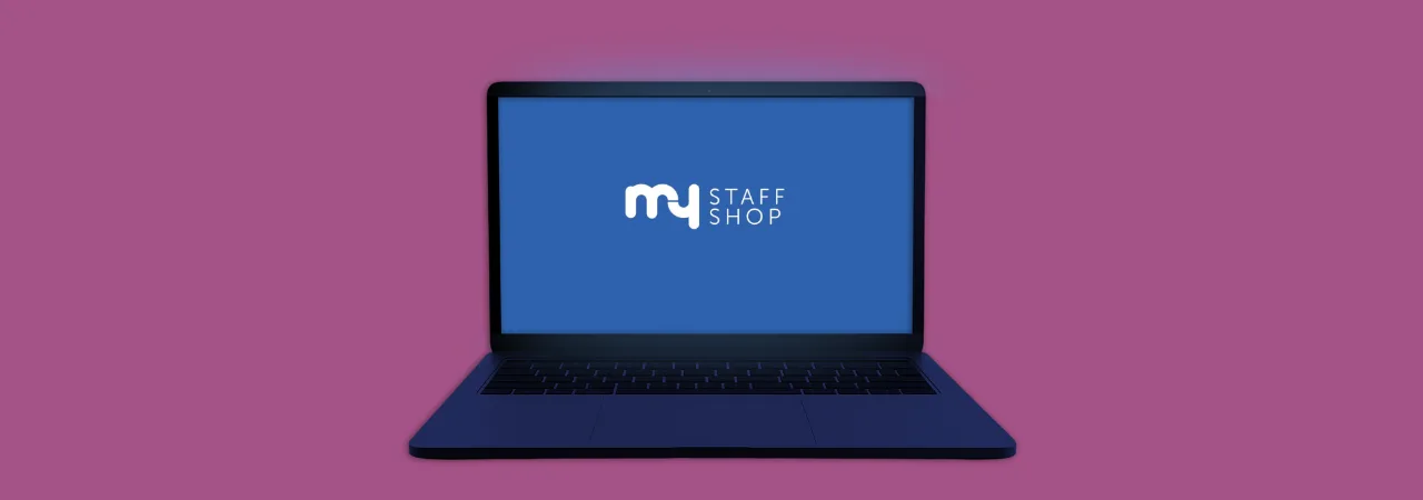 A purple background with a laptop which shows the my staff shop desktop