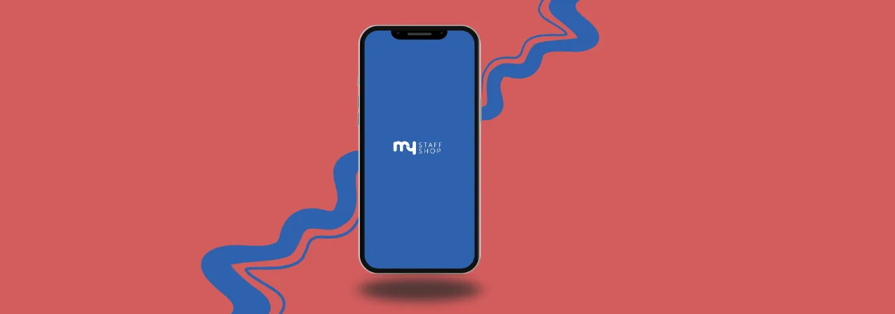a pink background with a mobile phone in the centre, screen showing the my staff shop logo