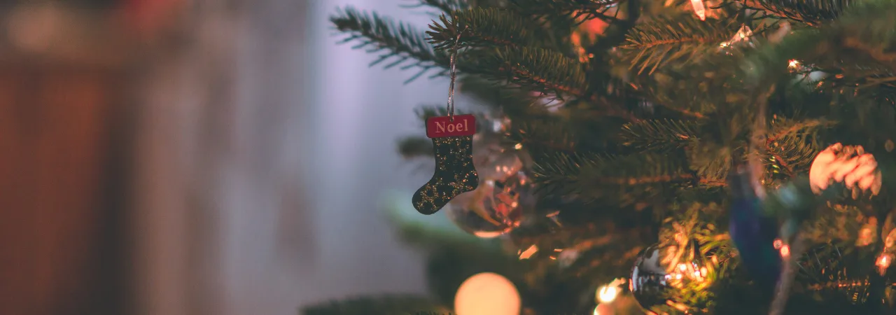 an close up image of the christmas tree and a stocking with the name "Joel"