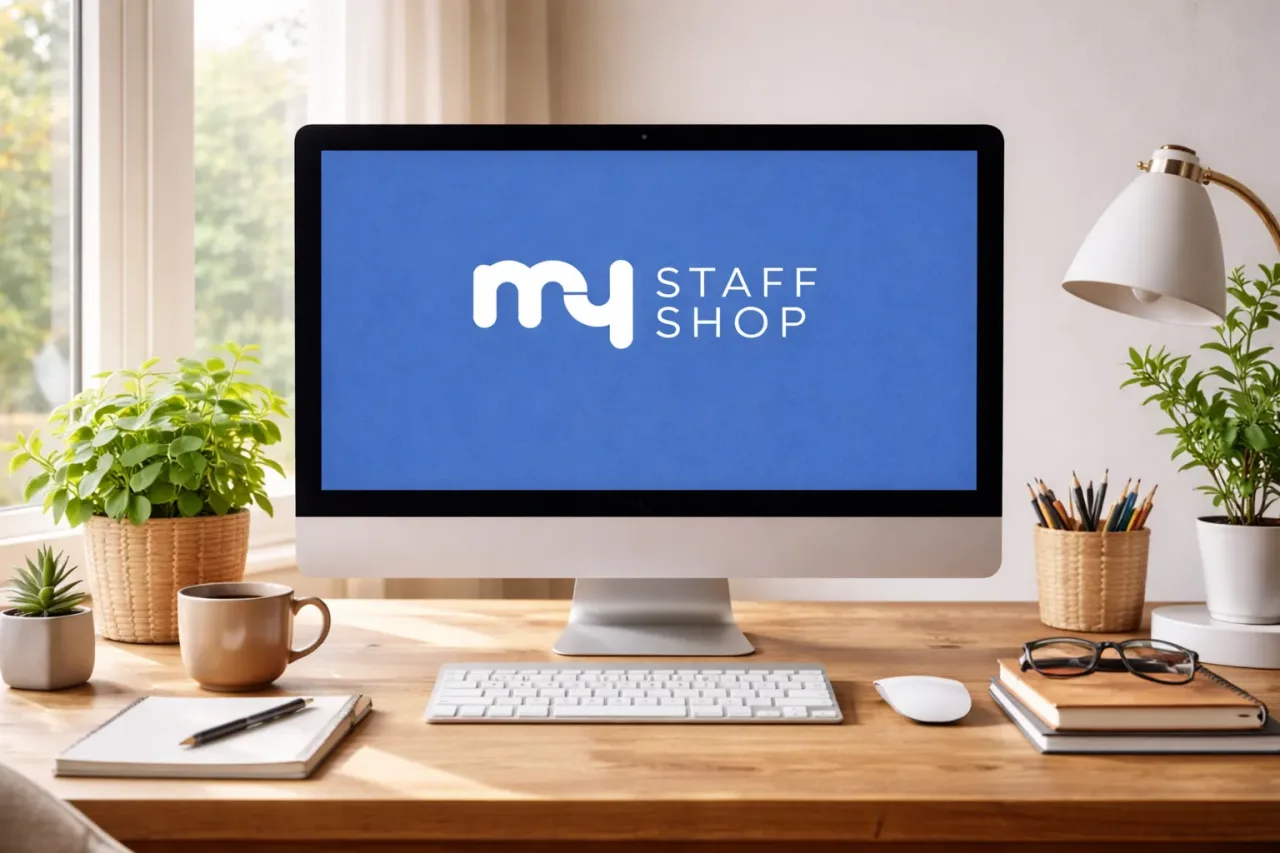 Desktop computer on a wooden desk in a bright home office displaying the My Staff Shop logo, with plants, coffee mug, and workspace accessories.