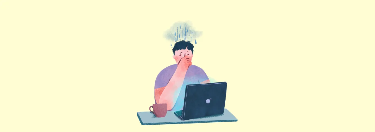 a cream background with an image of an animated man looking at his laptop stressed
