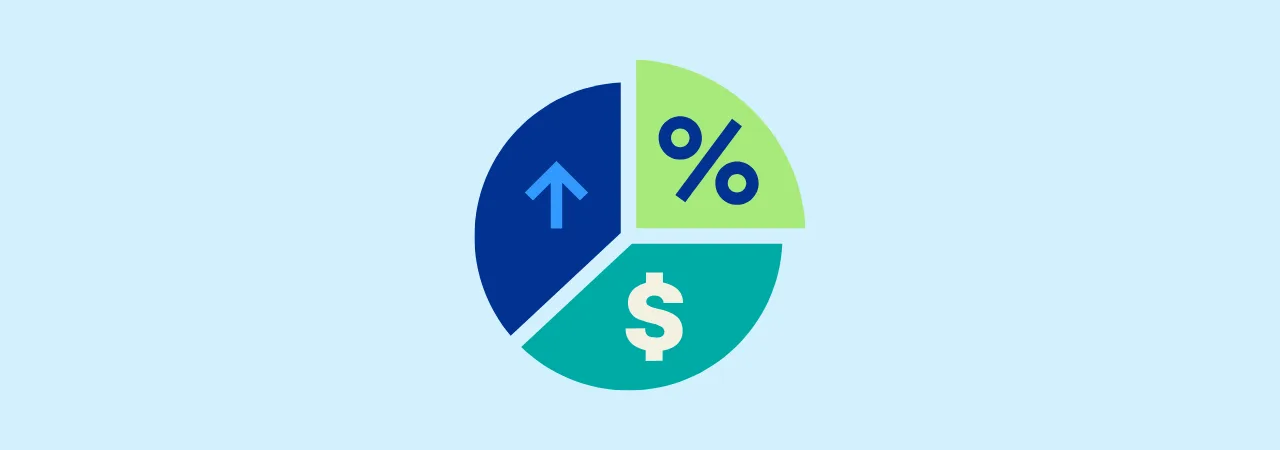 A blue background with a pie chart presented in the middle with 3 sections displaying money sign, percentage sign and an arrow up sign all describing the blog "financial literacy"