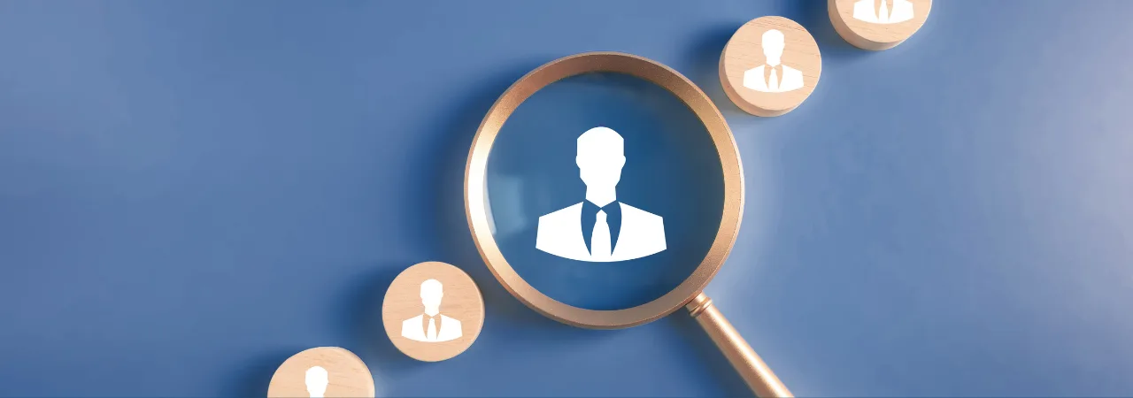 blue background, magnifying glass in the middle onto a figure.